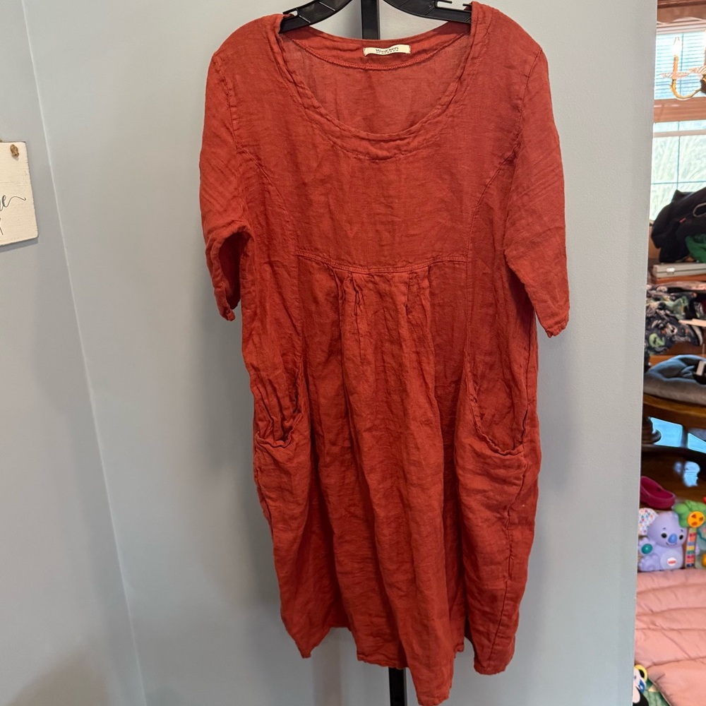 WoolOver Rust Orange Short Sleeve Linen Dress with Pockets, size 8